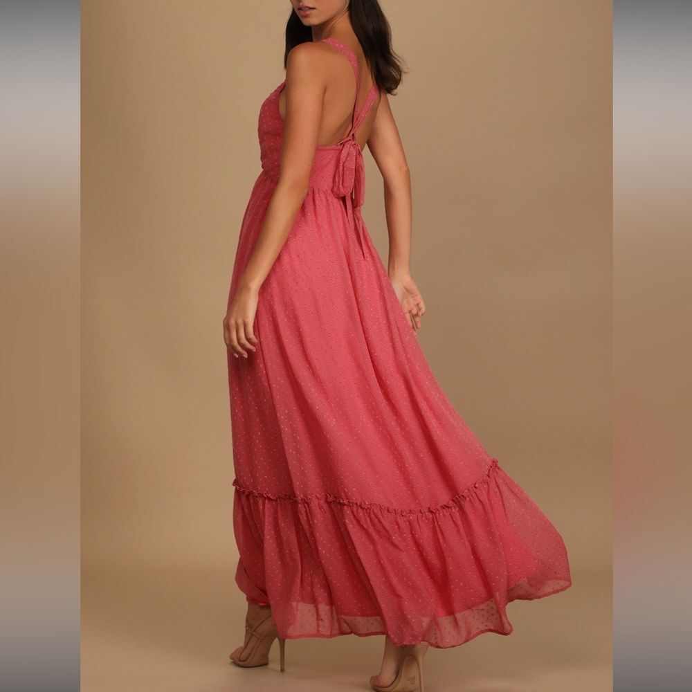 Lulu’s Coral Pink Swiss Dot Tie-Back Maxi Dress medium - Picture 2 of 4